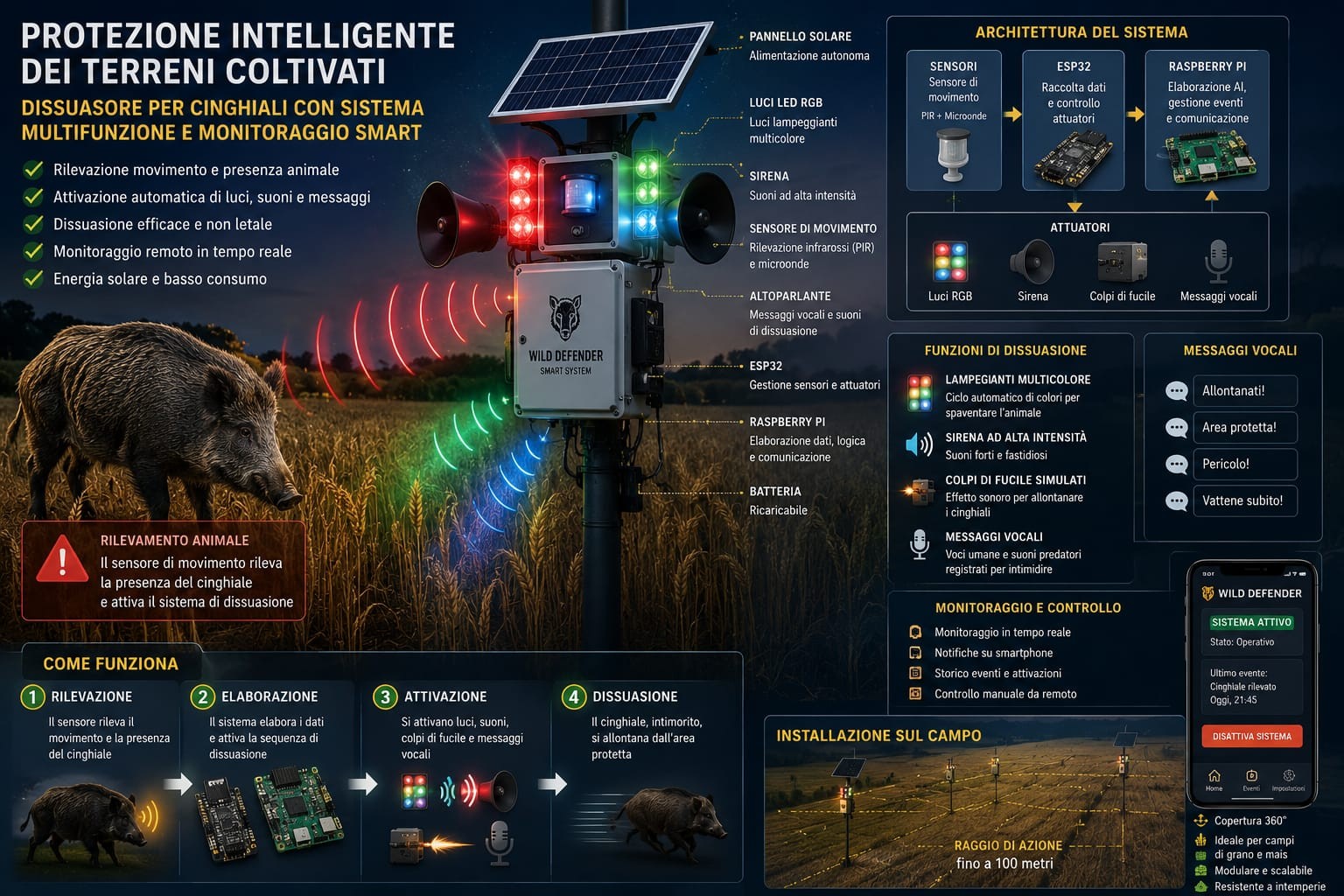 Architettura e funzionamento del sistema Wild Defender per la protezione intelligente dei terreni coltivati.